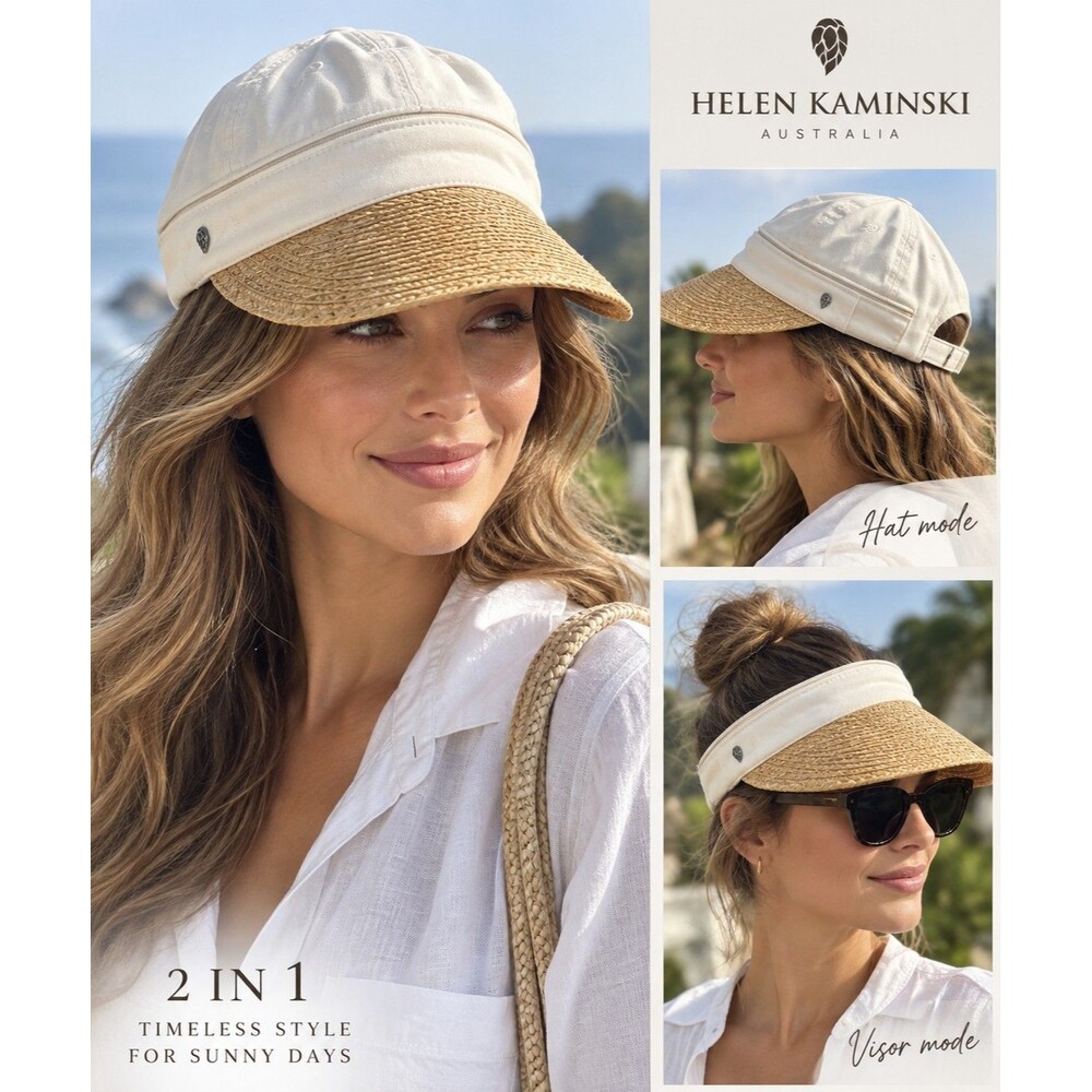 Helen Kaminski Australia Convertible Sun Hat Visor Zip Off Crown Woven Brim